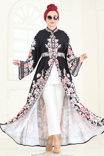 moda selvim الفستان أحمر رماني و أسود 4235JNF844 - Thumbnail