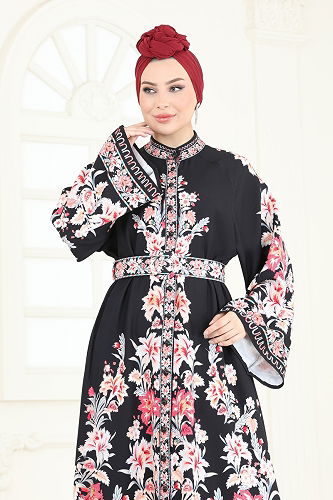 moda selvim الفستان أحمر رماني و أسود 4235JNF844 - Thumbnail