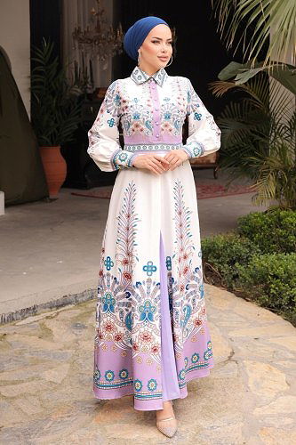 moda selvim 4249JNF844 ارجواني فاتح فستان - Thumbnail