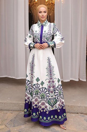 moda selvim 4249JNF844 بنفسجي فستان - Thumbnail