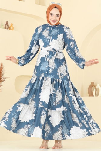 moda selvim Dress 4458BRZ597 Pattern1 Indigo - Thumbnail