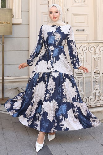 moda selvim Dress 4458BRZ597 Pattern1 Navy Blue - Thumbnail