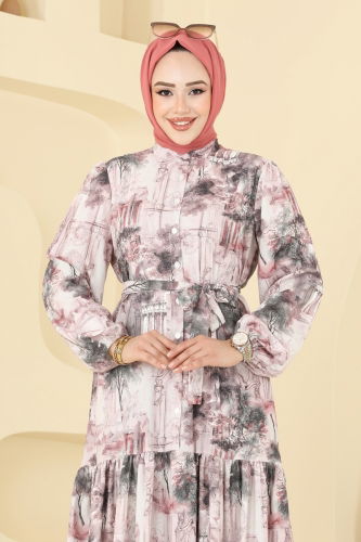 moda selvim Dress 4458BRZ597 Pattern2 Powder&Vision - Thumbnail