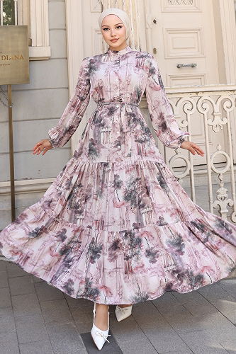 moda selvim Dress 4458BRZ597 Pattern2 Powder&Vision - Thumbnail