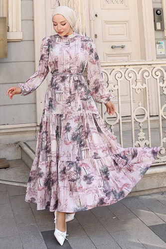 moda selvim Dress 4458BRZ597 Pattern2 Powder&Vision - Thumbnail