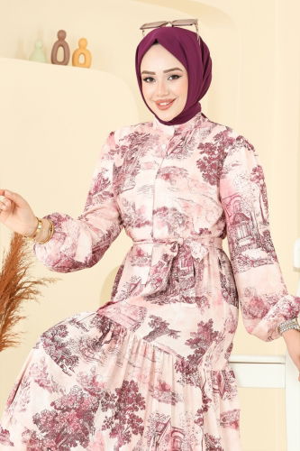 moda selvim Dress 4458BRZ597 Pattern3 Fuchsia - Thumbnail