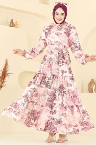 moda selvim Dress 4458BRZ597 Pattern3 Fuchsia - Thumbnail
