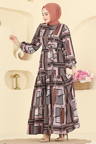 moda selvim الفستان بني 4460BRZ597 - Thumbnail