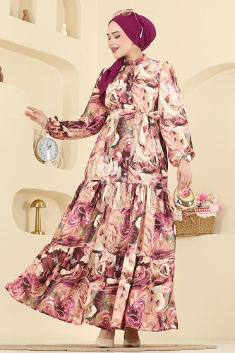 moda selvim Dress 4462BRZ597 Pattern1 Damson - Thumbnail