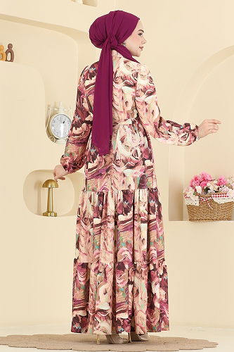 moda selvim Dress 4462BRZ597 Pattern1 Damson - Thumbnail