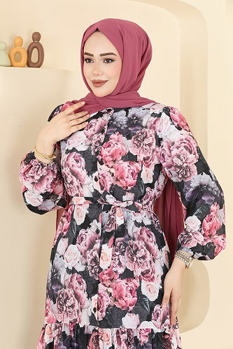 moda selvim Dress 4462BRZ597 Pattern2 Black - Thumbnail