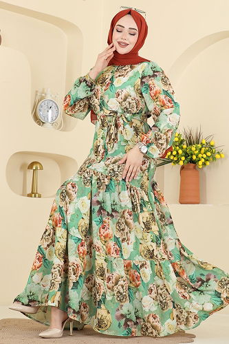 moda selvim Dress 4462BRZ597 Pattern2 Mint - Thumbnail