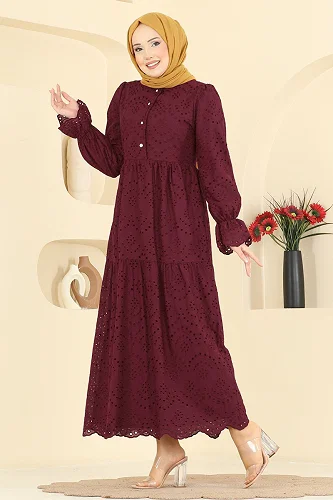 moda selvim Dress 4469BRZ597 Burgundy - Thumbnail