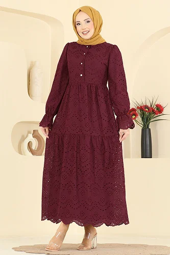 moda selvim Dress 4469BRZ597 Burgundy - Thumbnail