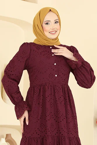 moda selvim Dress 4469BRZ597 Burgundy - Thumbnail