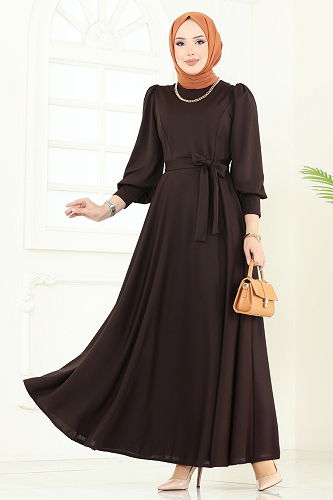 moda selvim الفستان بني غامق 4539ALG474 - Thumbnail