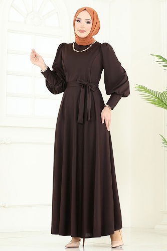 moda selvim الفستان بني غامق 4539ALG474 - Thumbnail