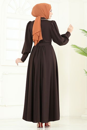 moda selvim الفستان بني غامق 4539ALG474 - Thumbnail