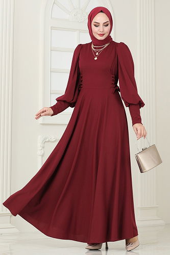 moda selvim Dress 4608ALG474 Burgundy - Thumbnail