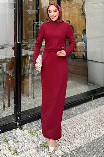 moda selvim Dress 4679ALGK1170 Burgundy - Thumbnail