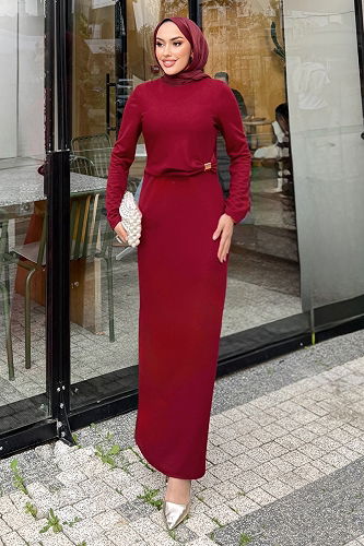 moda selvim Dress 4679ALGK1170 Burgundy - Thumbnail
