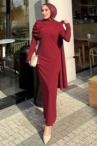 moda selvim Dress 4680ALGK1170 Burgundy - Thumbnail
