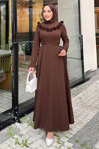 moda selvim الفستان بني 4685ALGK1170 - Thumbnail