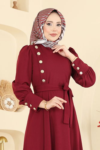 moda selvim Dress 4691ALG474 Burgundy - Thumbnail