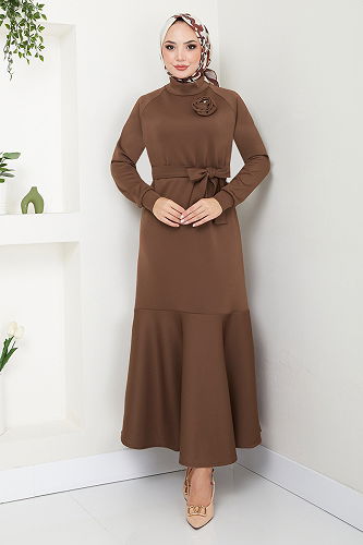moda selvim الفستان بني 4706ZNK903-M - Thumbnail