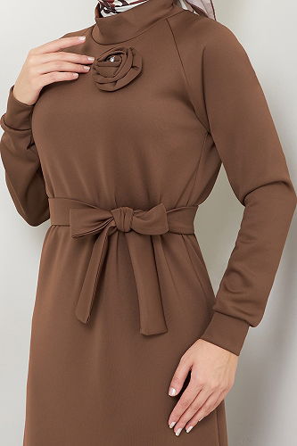 moda selvim الفستان بني 4706ZNK903-M - Thumbnail