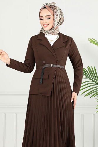 moda selvim الفستان بني 4747ZNK903-M - Thumbnail