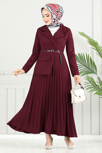 moda selvim Dress 4747ZNK903-M Burgundy - Thumbnail