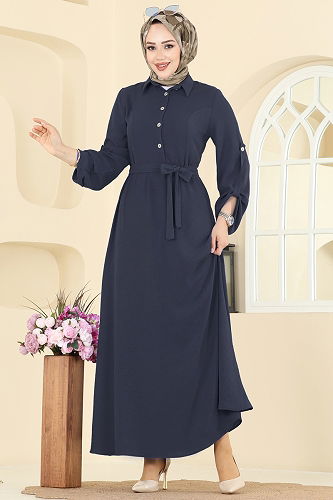 moda selvim الفستان كحلي غامق 5002BM387 - Thumbnail