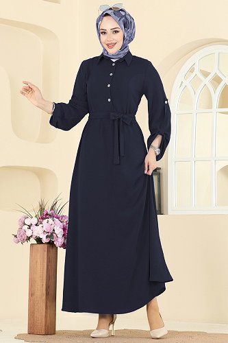 moda selvim الفستان كحلي غامق 5002BM387 - Thumbnail