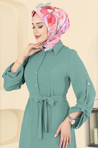 moda selvim الفستان أخضر باهت 5002BM387 - Thumbnail