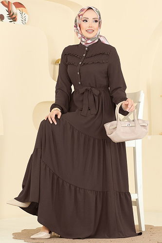 moda selvim الفستان بني غامق 5003BM387 - Thumbnail