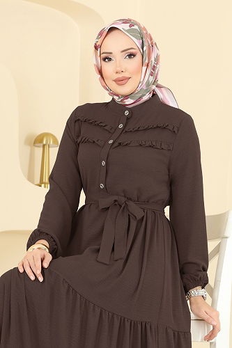 moda selvim الفستان بني غامق 5003BM387 - Thumbnail