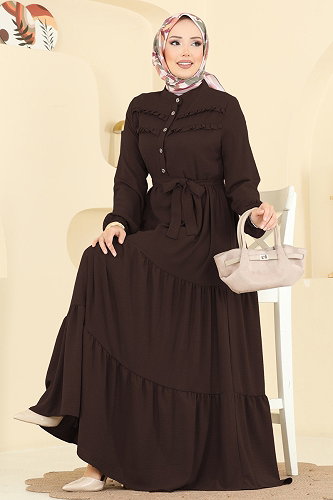 moda selvim الفستان بني غامق 5003BM387 - Thumbnail