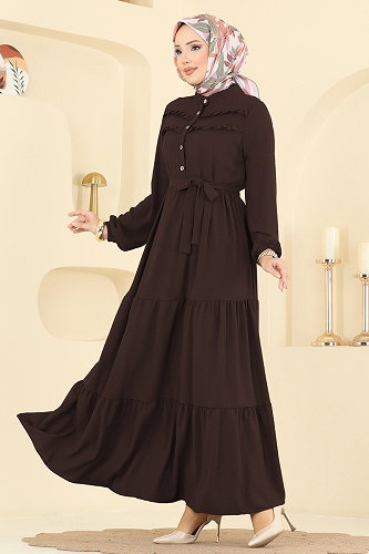 moda selvim الفستان بني غامق 5003BM387 - Thumbnail