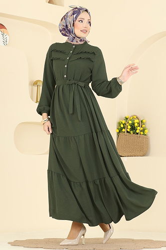 moda selvim الفستان أخضر عفني غامق 5003BM387 - Thumbnail