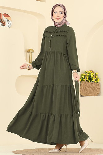 moda selvim الفستان أخضر عفني غامق 5003BM387 - Thumbnail