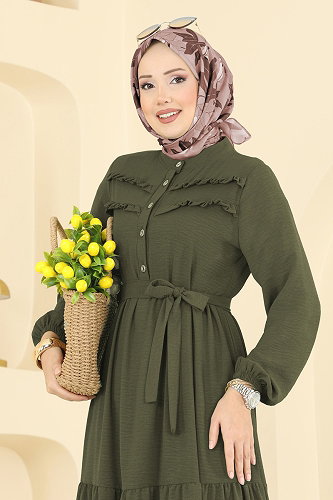 moda selvim الفستان أخضر عفني غامق 5003BM387 - Thumbnail