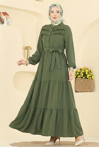 moda selvim الفستان اخضر عفني 5003BM387 - Thumbnail