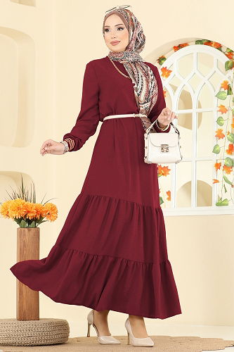 moda selvim Dress 5006MDA386 Burgundy - Thumbnail