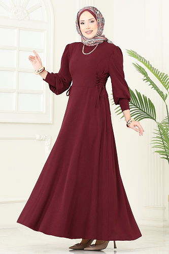 moda selvim Dress 5008MDA386 Burgundy - Thumbnail