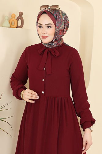 moda selvim Dress 5009BM387 Burgundy - Thumbnail