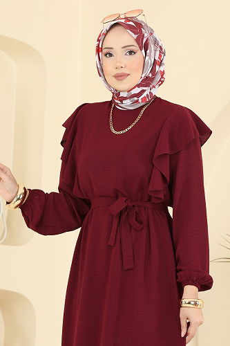 moda selvim Dress 5009MDA386 Burgundy - Thumbnail