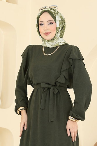 moda selvim Dress 5009MDA386 Dark Khaki - Thumbnail