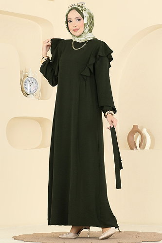 moda selvim الفستان أخضر عفني غامق 5009MDA386 - Thumbnail