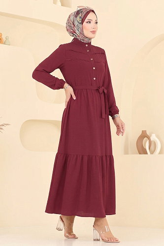 moda selvim Dress 5011BM387 Burgundy - Thumbnail